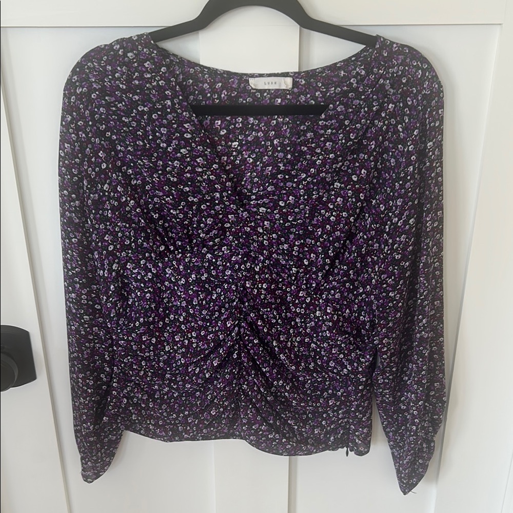 Purple Floral Blouse with Ruched Front (Large)